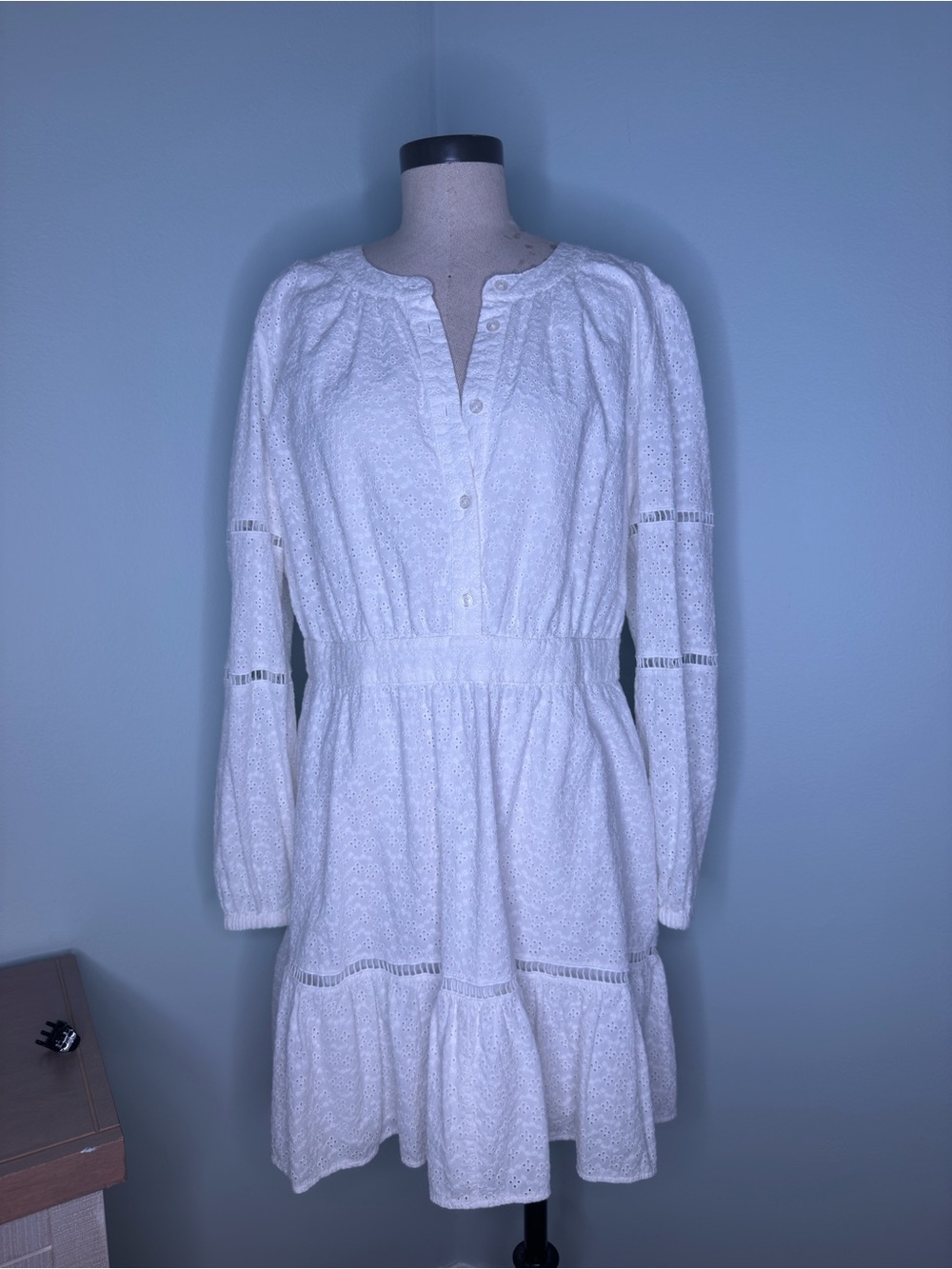 Michael Kors White Eyelet Lace Mini Dress Long Sleeve Button Front XL